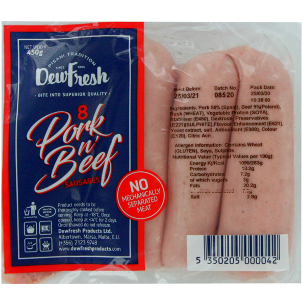 Dewfresh 8 Pork N' Beef Sausages  450g